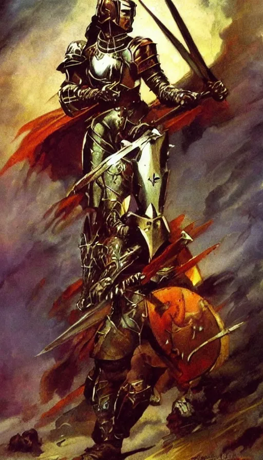 Image similar to fantasy painting by Frank Frazetta portraying a female knight in armor,wielding a sword,high quality,beautiful,detailed