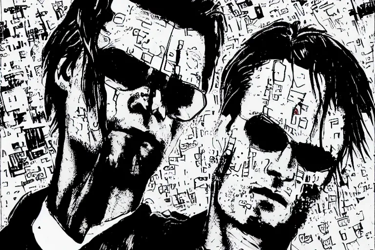 Image similar to jim carrey in the matrix, a page from cyberpunk 2 0 2 0, style of paolo parente, style of mike jackson, adam smasher, johnny silverhand, 1 9 9 0 s comic book style, white background, ink drawing, black and white