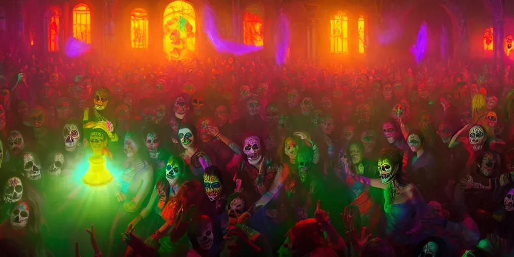 Prompt: scene from a rave, celebrating day of the dead, vibrant colours, beautiful, realistic, digital art, volumetric lighting, winning award masterpiece, trending on artstation, painting by otto dix and greg rutkowski, 8 k