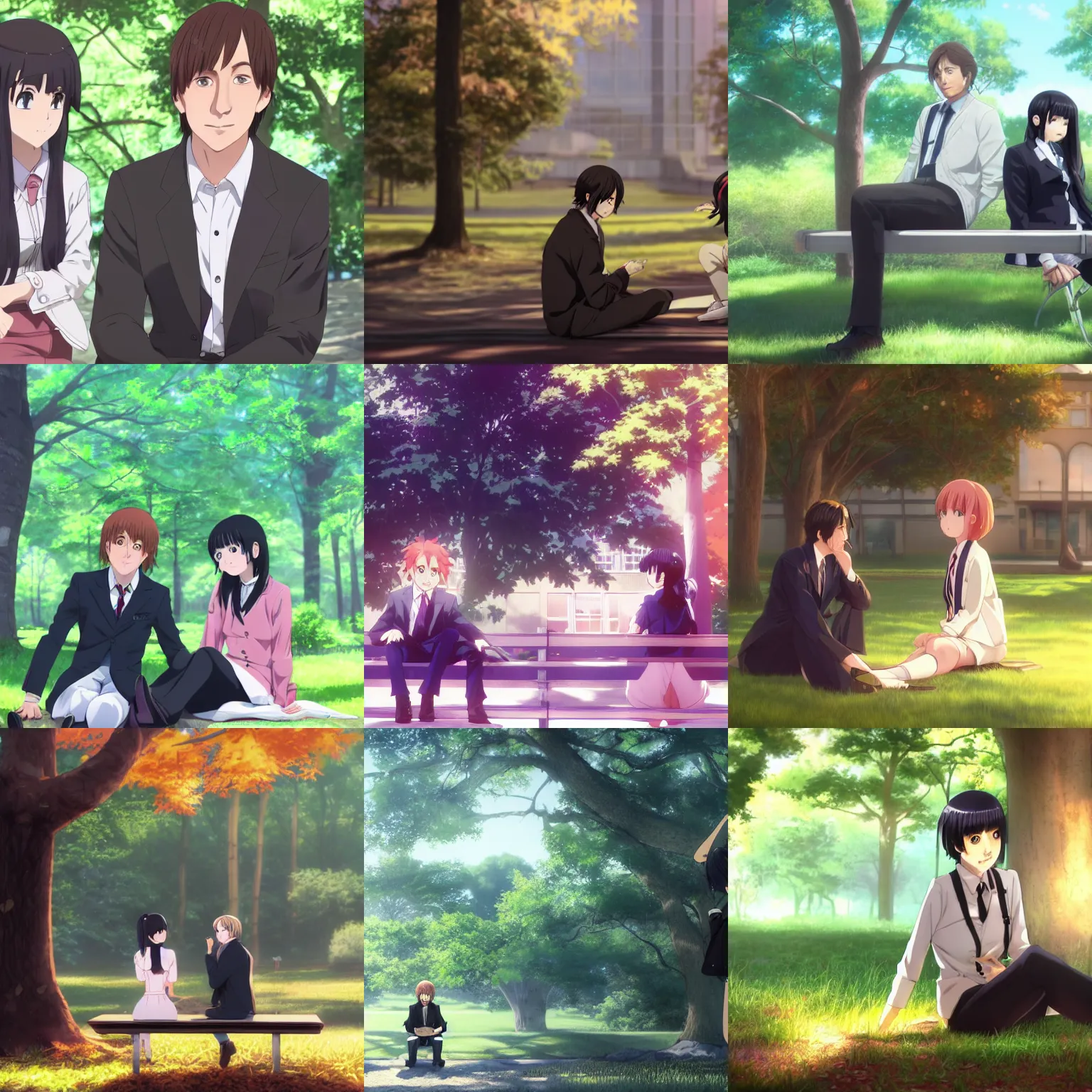 Prompt: photorealistic Jimmy McGill meets a beautiful smiling anime girl with black hair and hime cut sitting under a tree, anime key visual, digital art, anime screenshot, kyoto animation, makoto shinkai, trending on artstation