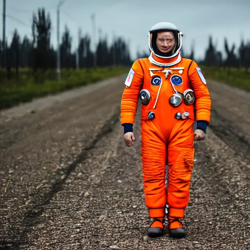 Image similar to A Soviet cosmonaut in the orange spacesuit SK-1, Vostok-1, EOS-1D, f/1.4, ISO 200, 1/160s, 8K, RAW, unedited, symmetrical balance, in-frame