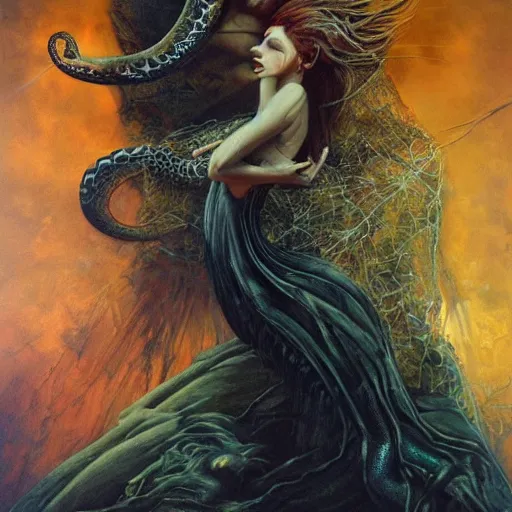 Image similar to the devil and a serpent, ethereal, painting by karol bak