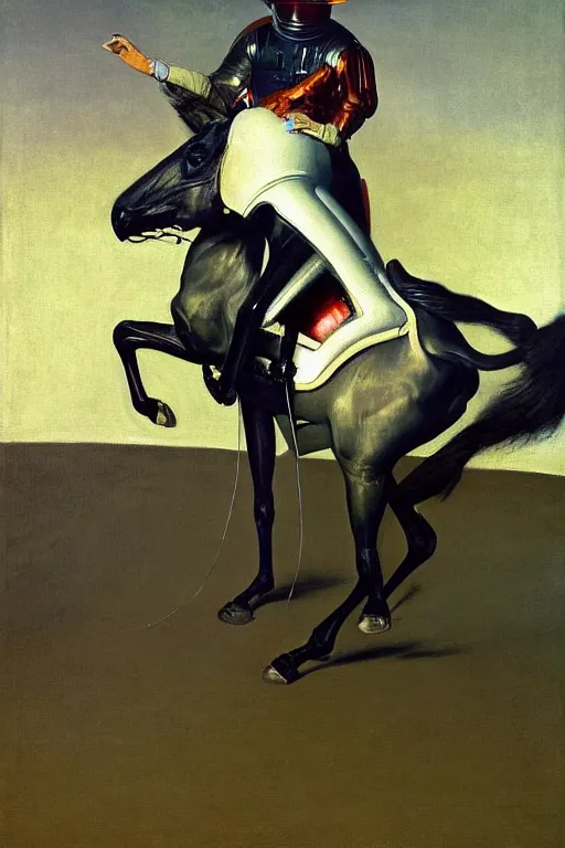 Image similar to a man dressed as a horse riding a horse dressed as an astronaut, hauntingly surreal, highly detailed painting by francis bacon, edward hopper, adrian ghenie, gerhard richter, and james jean soft light 4 k,