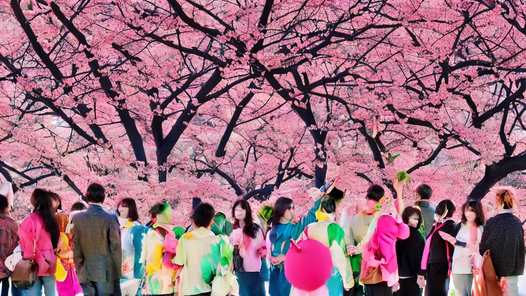 Image similar to a group of people flower viewing sakura, japan, a collage painting, in the style of wes anderson, lola dupre, david hockney, isolated on negative white space background dark monochrome neon fluorescent spraypaint accents volumetric octane render