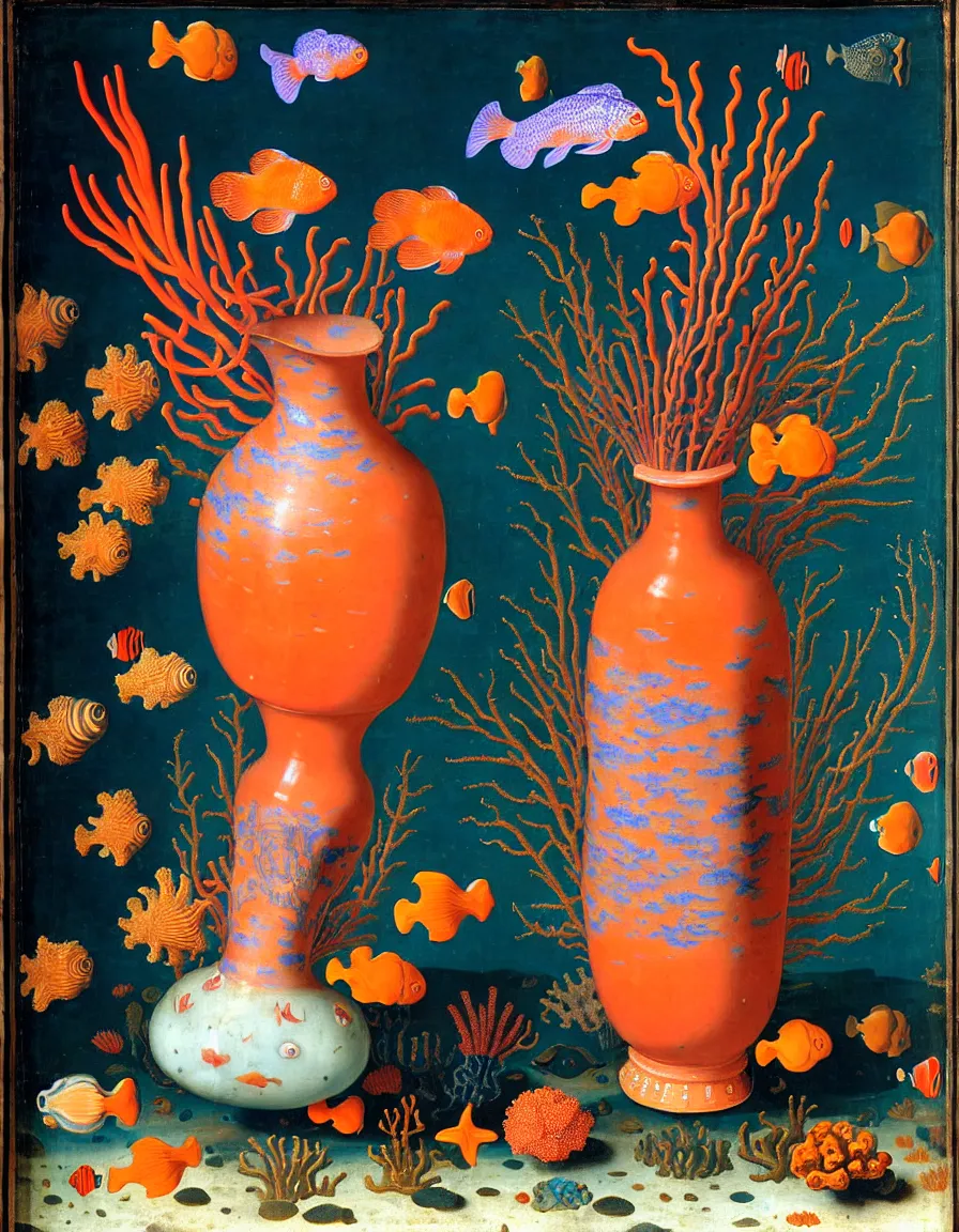 Image similar to bottle vase of coral under the sea decorated with a dense field of stylized scrolls that have opaque outlines enclosing mottled blue washes, with orange shells and purple fishes, ambrosius bosschaert the elder, oil on canvas