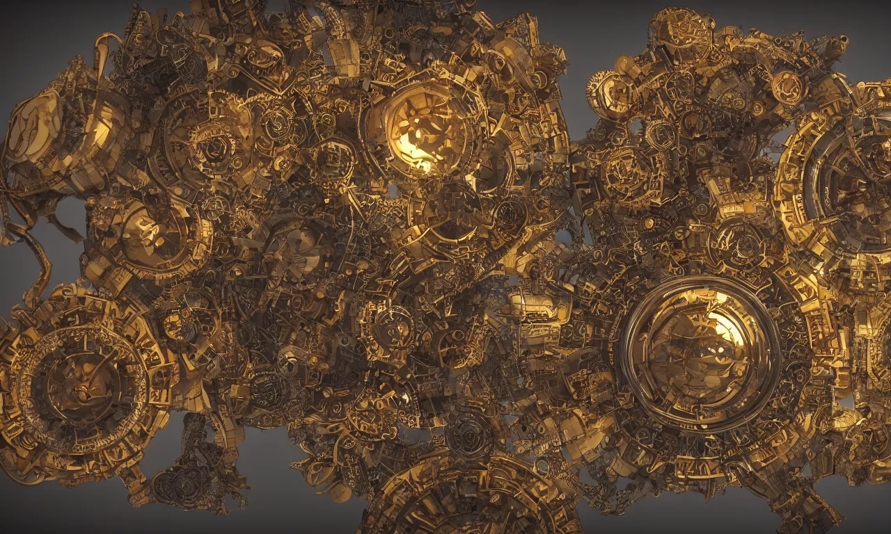 Image similar to steampunk engine laboratory 3 d volume kaleidoscope fractal voronoi metal chakra digital color stylized concept substance natural color scheme, global illumination ray tracing hdr fanart arstation by sung choi and eric pfeiffer and gabriel garza and casper konefal