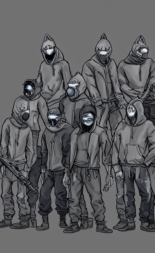 Image similar to wolfs gang, grey blue hoodie, group photo, punk art, warehouse, weapon, drugs, flex box position, grey bandana, gasmask, wolf mask, fiction, stability, intricate, elegant, 8 k, uhd, justify, artstation, concept art, matte, sharp focus, illustration, consistent, highly detailed object content, proportional object content