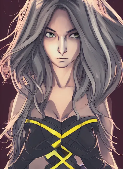 Image similar to Rogue x-men fanart, semi-realistic anime illustration, symmetrical face, beautiful eyes, fanart, trending on Pixiv, cinematic, 4K anime, cel shaded, Akihiko Yoshida, cinematic, 4K