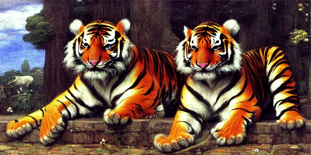 Image similar to 3 d precious moments plush tiger, realistic fur, landscape, < muted blue, peach, gray, brown, purple color scheme >, master painter and art style of john william waterhouse and caspar david friedrich and philipp otto runge