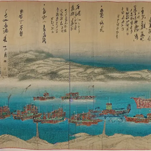 Prompt: a hanging scroll painting of a panorama of a tuna fishing port, by Ma Lin, ink and color on silk, detailed, landscape