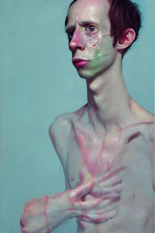 Image similar to todd solondz, a portrait of anorexic man, clear todd solondz face, dreaming of kissing a girl, sad and lonley, vivid colors, soft lighting, atmospheric, cinematic, moody, in the style of francis bacon and krenz cushart, oil on canvas, 8 k
