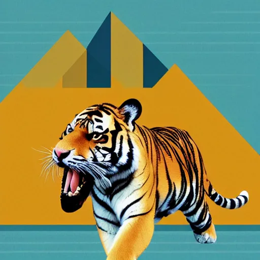 Image similar to tiger walking with backdrop showing the sky, palm tres. the tiger has sharp claws and teeth. in minimal colourful geometric illustration style digital painting