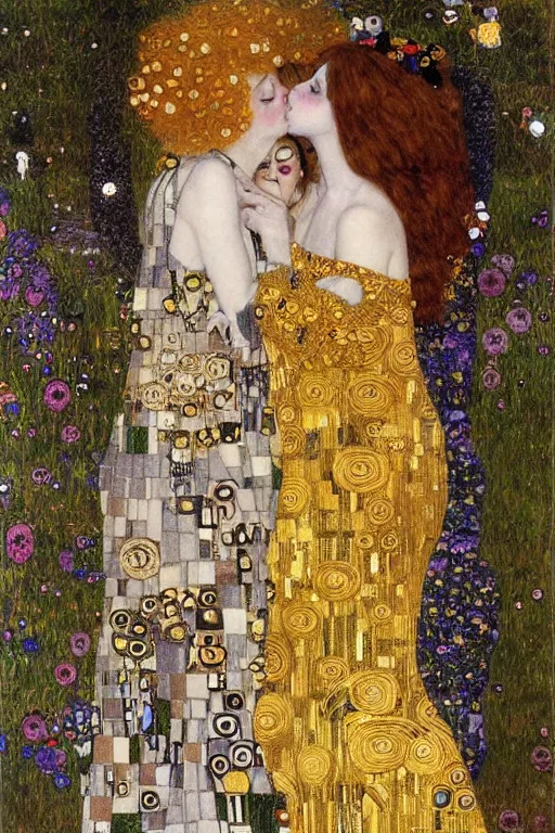 Image similar to two beautiful young gothic maidens, angel and demon, kiss, highly detailed, artstation, illustration, art by Gustav Klimt