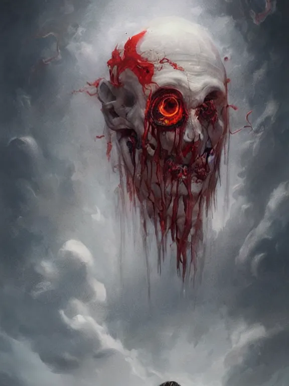 Image similar to painting by greg rutkowski of a flying sorrowful looking human head with tears running down it's eyes, face that is chalk white in color, with long sprawling white tentacles stemming down it's neck, fiery scorching red eyes, flying in a terrying hellish dark cavernous place