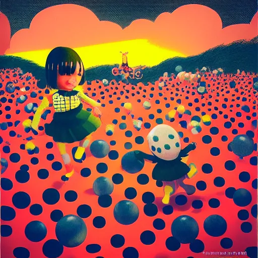 Image similar to yayoi kusama being chased by a ballon dog, nendroid, art by wgreg rutkowski. during golden hour. extremely silly in style of butcher billy.