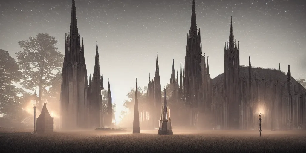 Image similar to a huge delicate metal Sundial in the moonlight, Behind the tall and delicate gothic church at night, with ghosts floating in the foreground, light through the mist, dramatic lighting, photorealistic, cinematic lighting, high detail, cinematic feel, high octane, 4K, Unreal Engine, digital render, intricate, ultra realistic