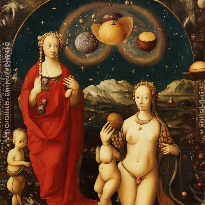 Image similar to a goddess with planets around her head, early netherlandish painting,