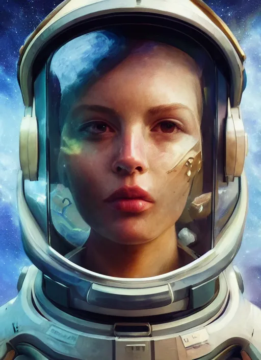 Prompt: masterpiece portrait of cosmic astronaut on a spaceship, au naturel, hyper detailed, digital art, trending in artstation, cinematic lighting, studio quality, smooth render, unreal engine 5 rendered, octane rendered, art style by klimt and nixeu and ian sprigger and wlop and krenz cushart and riot and overwatch