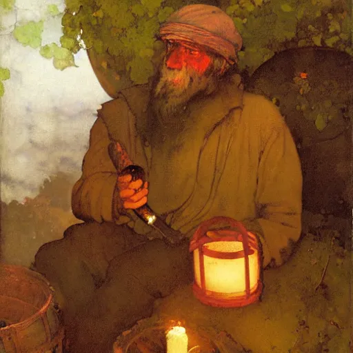 Image similar to Portrait Portrait of Diogenes the Cynic donning hobo costume whilst holding a lanthorn lantern whilst resting in an enormous wine cask winslow homer theodore gericault norman rockwell donato giancola john william waterhouse maxfield parrish mikhail vrubel arkhip kuindzhi astri lohne stained lacquer glaze