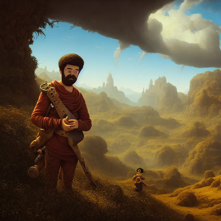 Prompt: young man with short brown hair and beard travelling with the simpsons through wastelands, baroque landscape painting, beautiful intricate insanely detailed octane render, artstation, 8 k artistic photography, photorealistic, volumetric perfect light, chiaroscuro, raphael, caravaggio, beksinski, rutkowski, giger