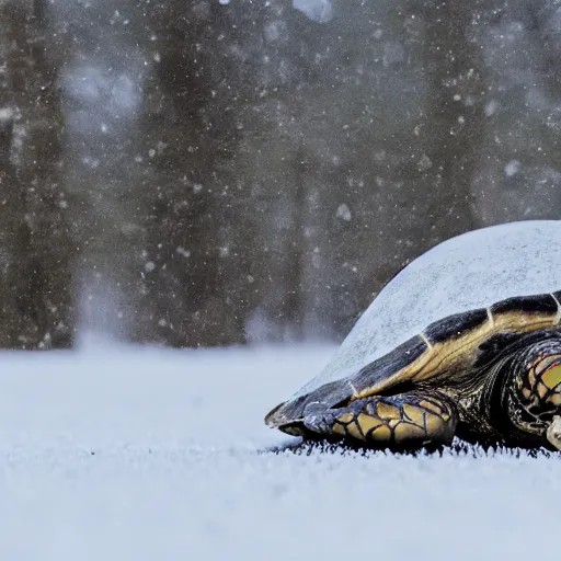 Image similar to a turtle in a winter forest looking up at birds