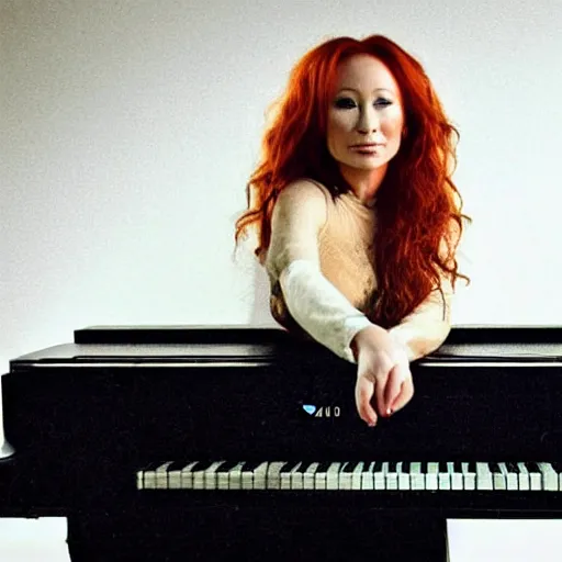 Prompt: tori amos stands atop a grand piano showing off her amazing yo yo tricks, beautiful photo