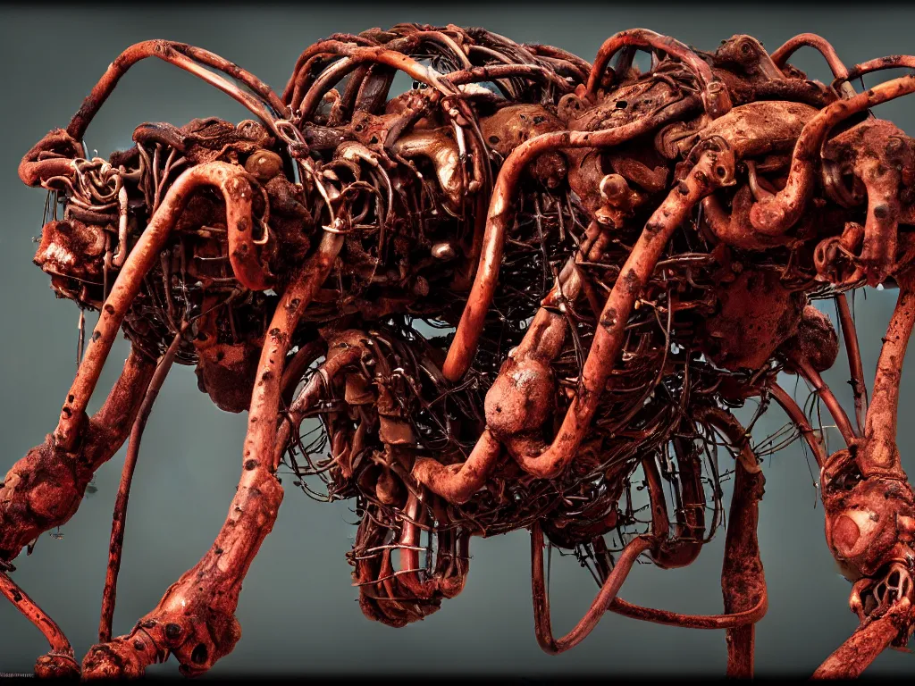 Prompt: Techno-biological rusty panzer consisting of tumors, meat, veins, bones, guts, kidneys, wires. Biopunk, body-horror, high detail, photorealism, full length view, very rust, concept art, 16k