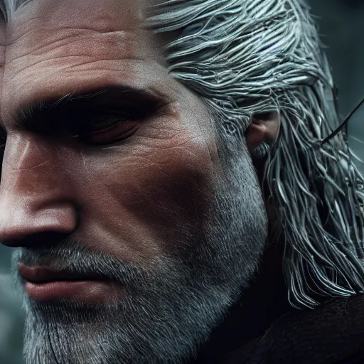 Prompt: close up of Geralt of Rivia, depth of field, 8k, 35mm film grain, unreal engine 5 render dramatic, intricate, elegant, highly detailed, digital painting, artstation, concept art, smooth, sharp focus, illustration, octane render, art by Leesha Hannigan, Ross Tran, Thierry Doizon, Kai Carpenter, Ignacio Fernández Ríos