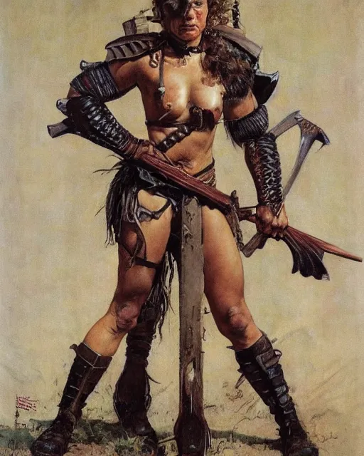 Image similar to portrait of a savage muscular barbarian female with light leather armor, by norman rockwell