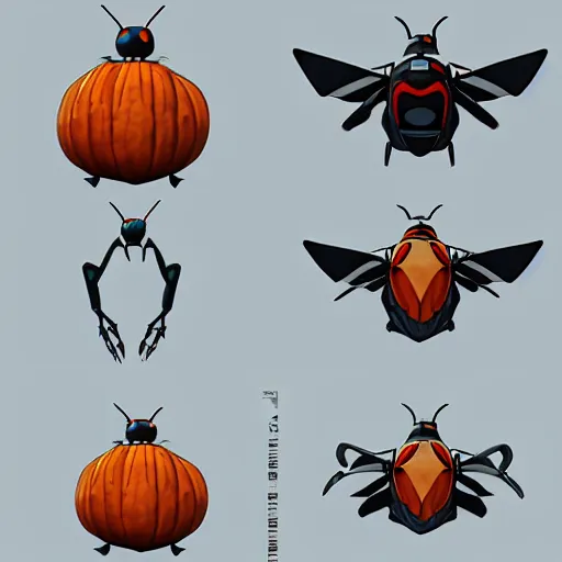 Prompt: A pokemon that looks like The flying beetle,The Crust is a large pumpkin,Trending on art station. Unreal engine.