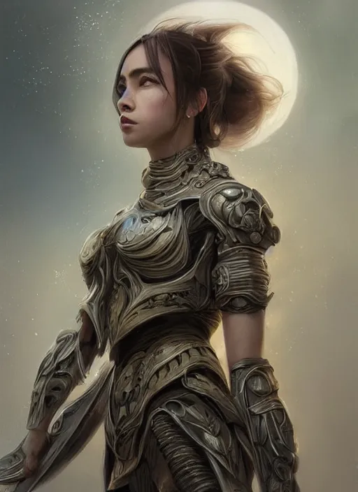 Image similar to a professional portrait of a beautiful young female, clothed in ethereal battle armor, olive skin, long dark hair, beautiful bone structure, symmetrical facial features, intricate, elegant, digital painting, concept art, smooth, sharp focus, finely detailed, illustration, from Valerian and the City of a Thousand Planets, in the style of Ruan Jia and Mandy Jurgens and Artgerm and Greg Rutkowski and William-Adolphe Bouguerea