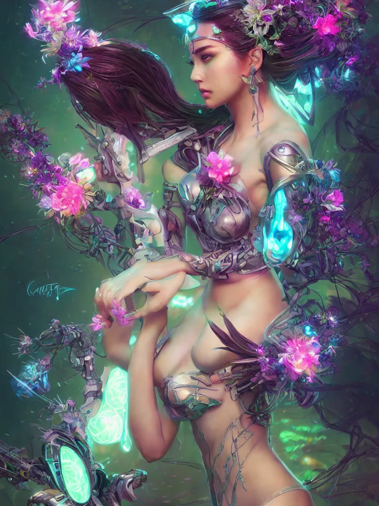 Prompt: half body portrait of a beautiful cyber fairy, in a cyberpunk garden, elegant pose, body covers with neon flowers, realistic digital art, artgerm, craig mullins, huang guangjian