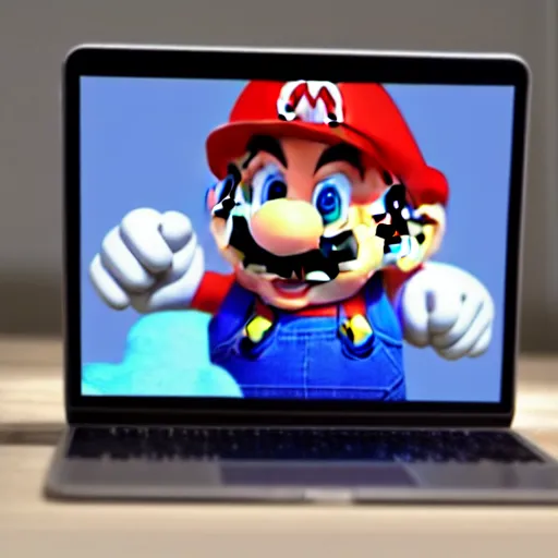 Image similar to photo of super mario working on his macbook, highly detailed, extremely high quality, hd, 4 k, 8 k, professional photographer, 4 0 mp, lifelike, top - rated, award winning, realistic, detailed lighting, detailed shadows, sharp, no blur, edited, corrected, trending