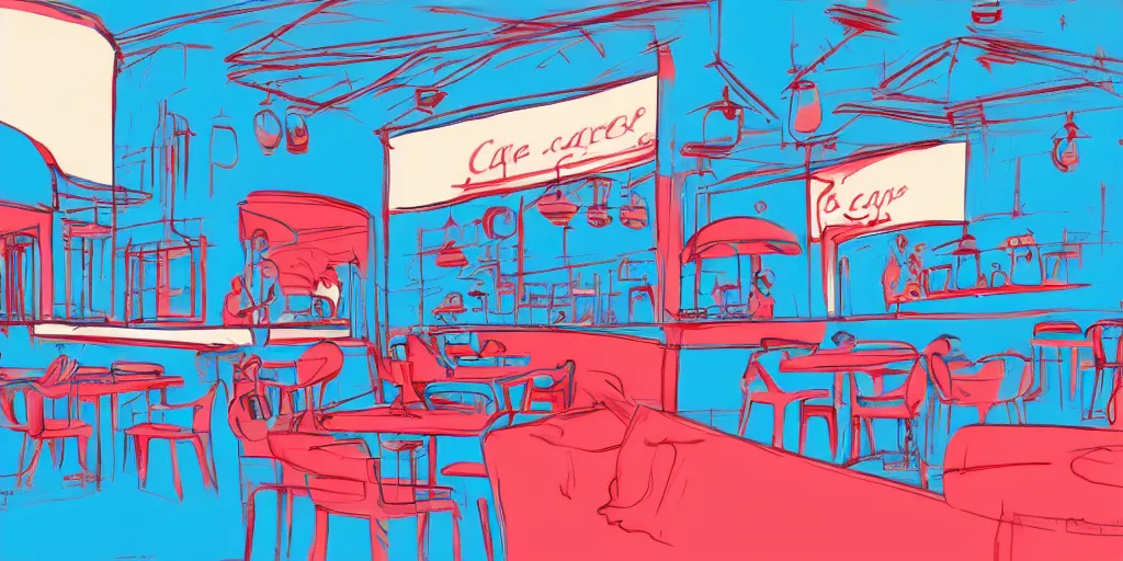 Prompt: cafe interior, blue and red tones, animated film, illustration