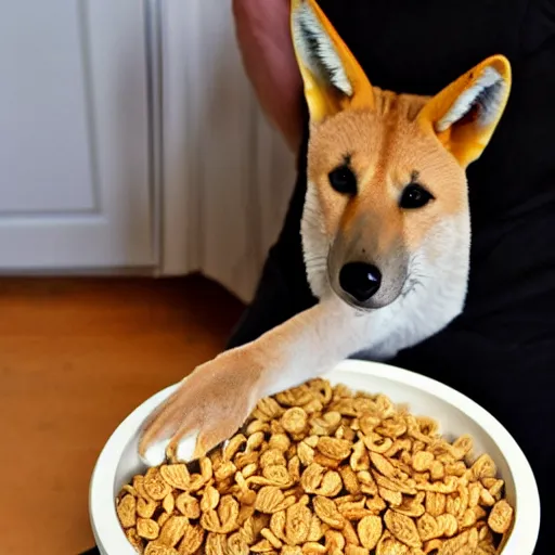 Prompt: a dingo with a bowl of cereal