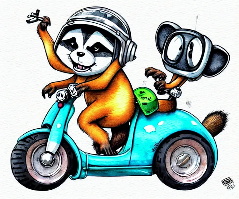 Image similar to cute and funny, racoon wearing a helmet riding in a tiny moped scooter with oversized engine, ratfink style by ed roth, centered award winning watercolor pen illustration, isometric illustration by chihiro iwasaki, edited by range murata