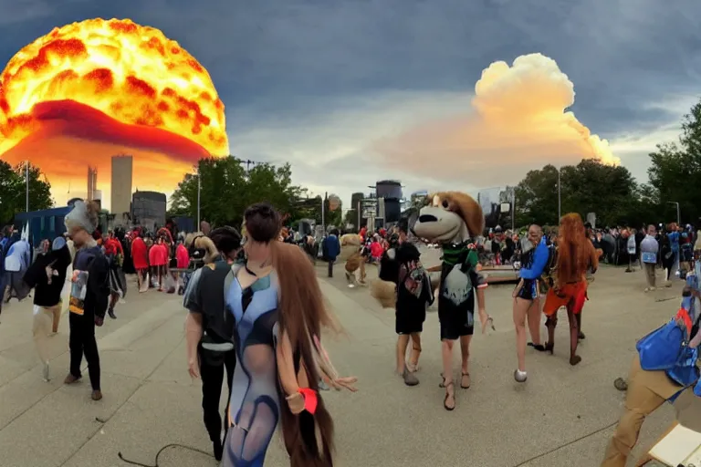 Prompt: nuclear explosion in the background of a furry convention