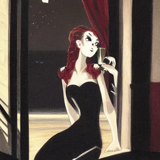 Prompt: An elegant vampire girl sips tea on the balcony of a mansion overlooking a night ocean, painting, gothic