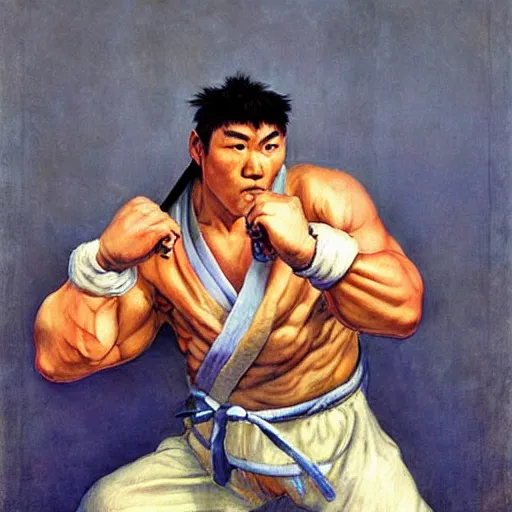 Image similar to ryu from street fighter 2 in real life in the style of malczewski, jacek