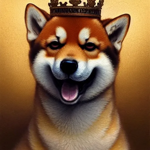 Image similar to portrait painting of a cute shiba inu king with crown, ultra realistic, concept art, intricate details, eerie, highly detailed, photorealistic, octane render, 8 k, unreal engine. art by artgerm and greg rutkowski and charlie bowater and magali villeneuve and alphonse mucha