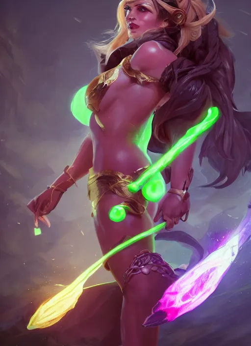 Image similar to senna from league of legends, au naturel, firing a giant weapon, brown skin, glowing green neon eyes, wearing white robe, digital art, trending in artstation, cinematic lighting, studio quality, smooth render, unreal engine 5 rendered, octane rendered, art style by klimt and nixeu and ian sprigger and wlop and krenz cushart