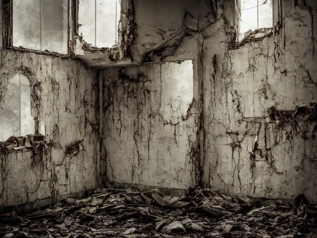 Prompt: the corner of a room in an abandoned building, where a mutant creature lurks, dirty windows, debris, tentacle beast, dust, bleak apocalyptic style, creepypasta, ominous vibe, sharp fangs