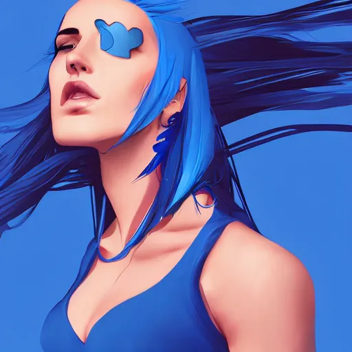 Prompt: a stunning upper body portrait of a beautiful woman with blue hair blowing in the wind by marvel comics, digital art, trending on artstation