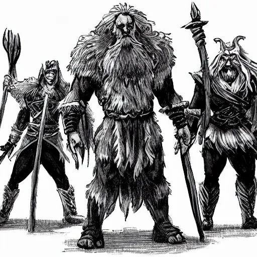 Prompt: dnd frost giant towering over some warriors, catperson, monk, bard, goblins
