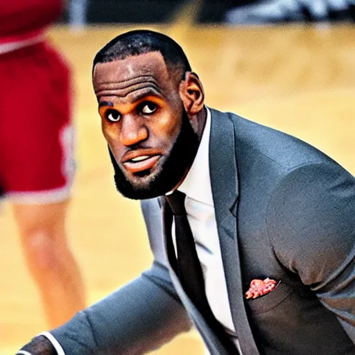 Prompt: Lebron James in suit playing basketball