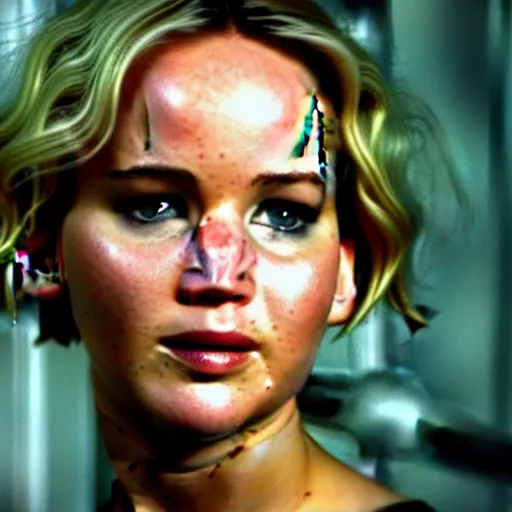 Image similar to cinematic jennifer lawrence, color photography, sharp detail, confused, still from the alien