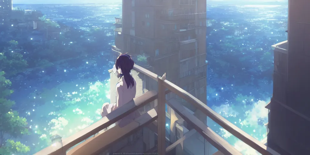 Image similar to beautiful anime painting of a woman looking out of the balcony of her apartment to the coast below, daytime, by makoto shinkai, kimi no na wa, artstation, atmospheric.