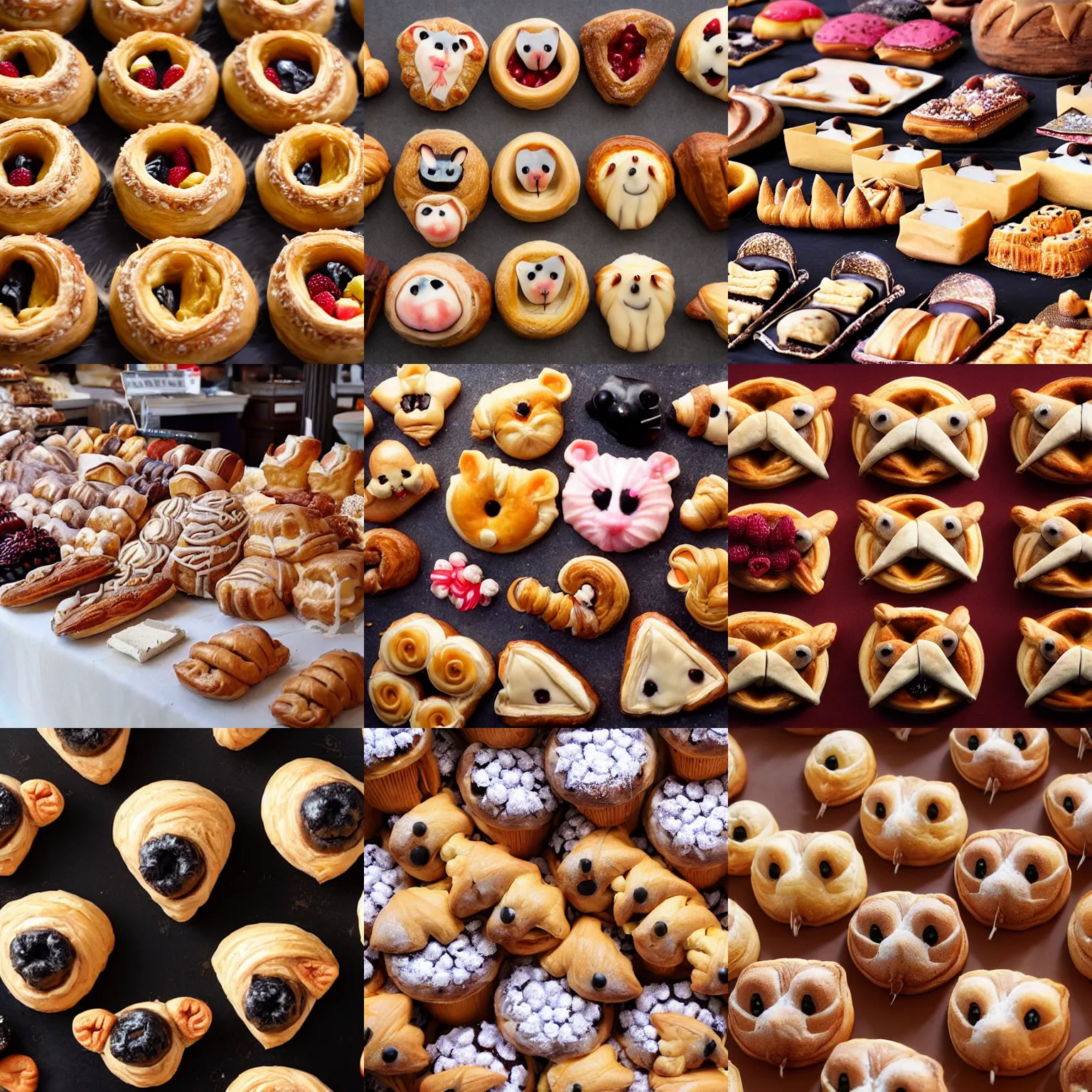 Prompt: pastries shaped like rats, pastries, rats, photograph