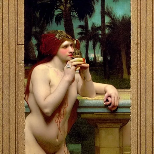 Image similar to Girl with a blood dripping chalice at the palace, thunderstorm, pool, beach and palm trees on the background major arcana sky, by paul delaroche, alphonse mucha and arnold böcklin arnold böcklin hyperrealistic 8k, very detailed