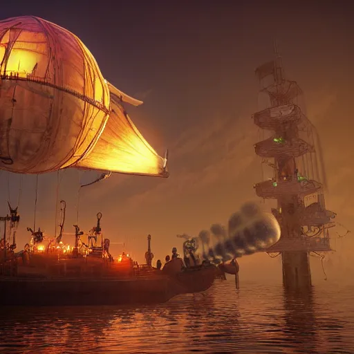 Prompt: steampunk airship flying through the glow steam among floating islands